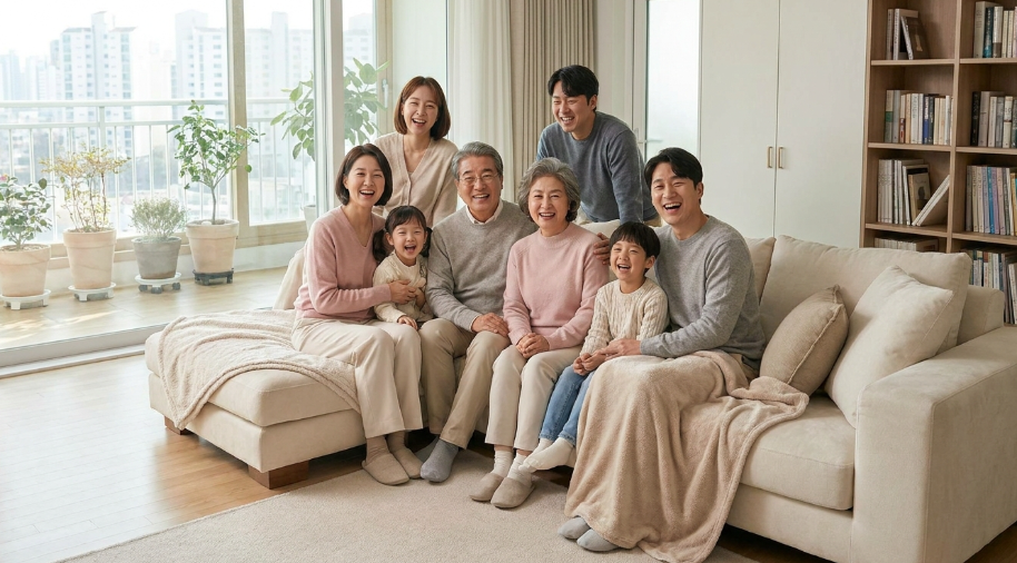퇴원 후 집에서 건강하고 편안하게 미소짓는 어르신과 가족들의 행복한 모습