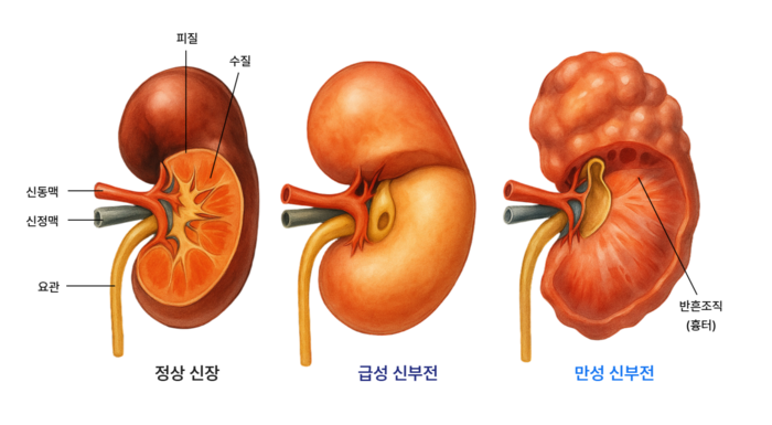 정상 신장,급성신부전, 만성 신부전을 앓고 있는 신장의 모습