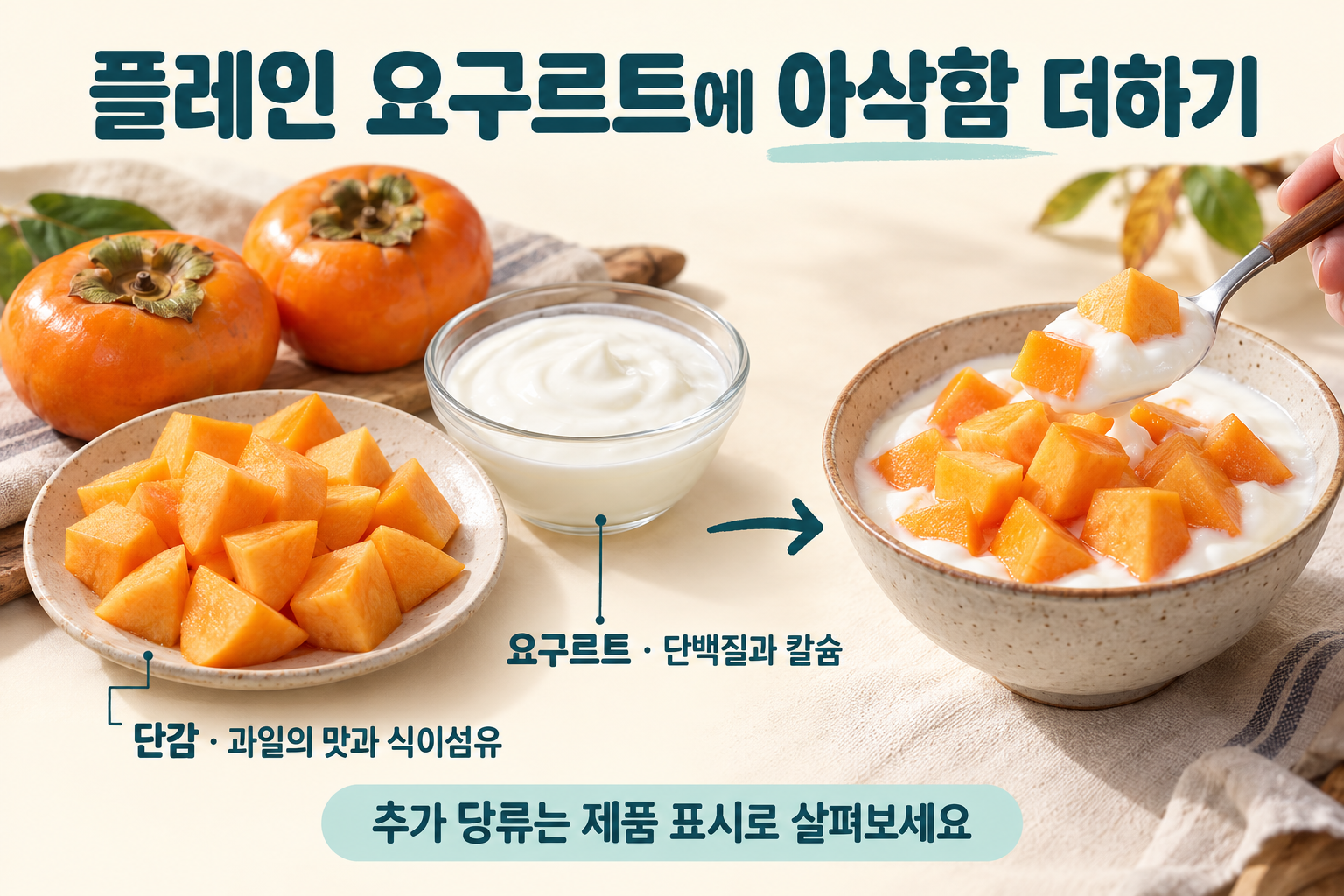 플레인 요구르트와 단감 조각을 따로 준비해 한 그릇에 곁들이는 과정.
