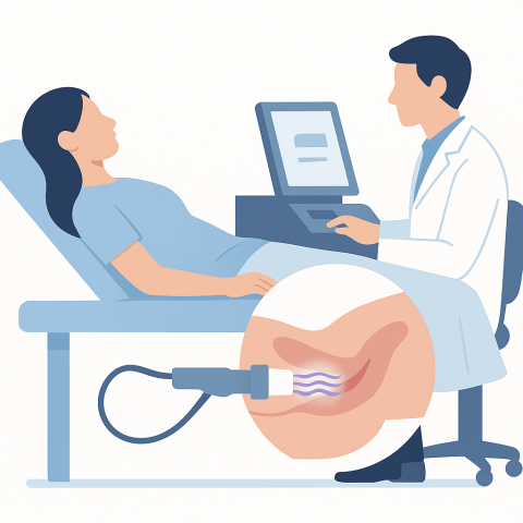 비비브 시술 시 질 안에 팁을 넣고 고주파를 조사하는 과정을 모식도로 표현