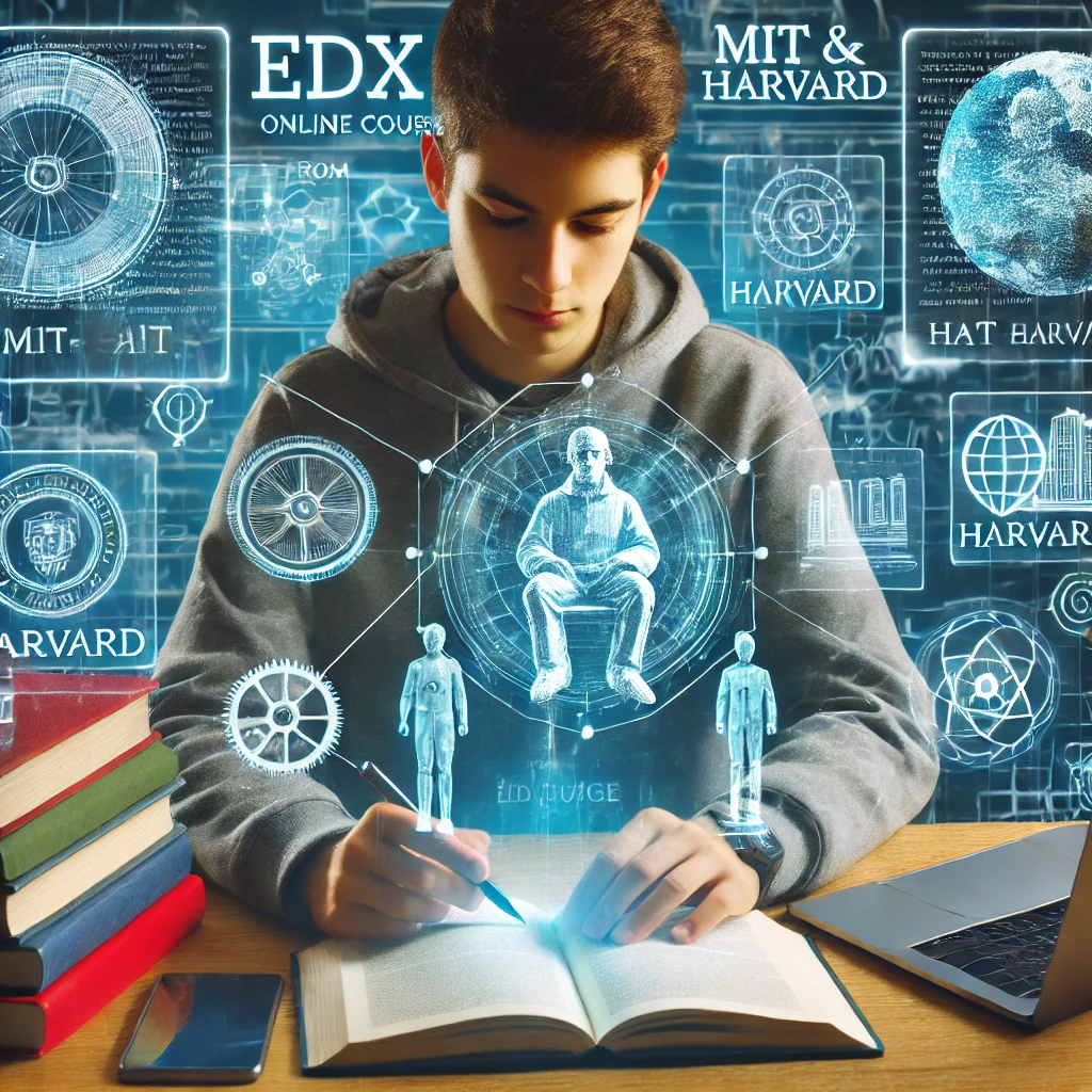 MIT와 하버드의 온라인 강의를 edX에서 듣고 있는 학생, 홀로그램 학습 도구가 포함된 미래형 학습 환경.