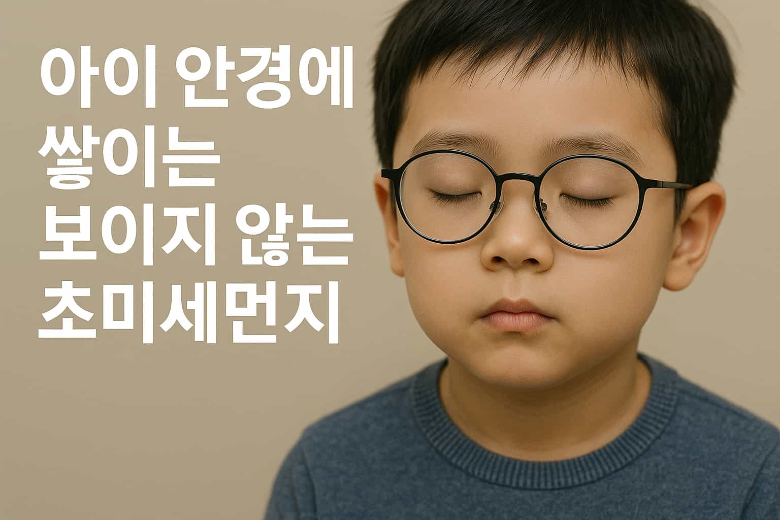 초미세먼지 때문에 눈이 아파서 눈을 감고 있는 안경 쓴 어린아이
