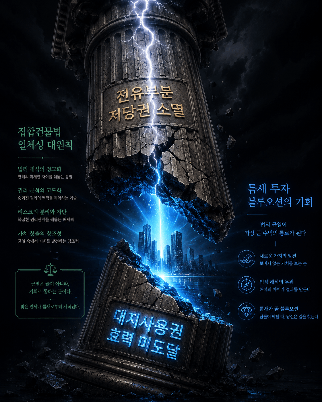 대법원 판례 해석을 통해 집합건물법의 일체성 원칙이라는 견고한 장벽을 깨고, 그 균열 사이에서 독점적인 틈새 투자 가치(블루오션)를 찾아내는 과정을 상징적인 인포그래픽으로 시각화한 모습