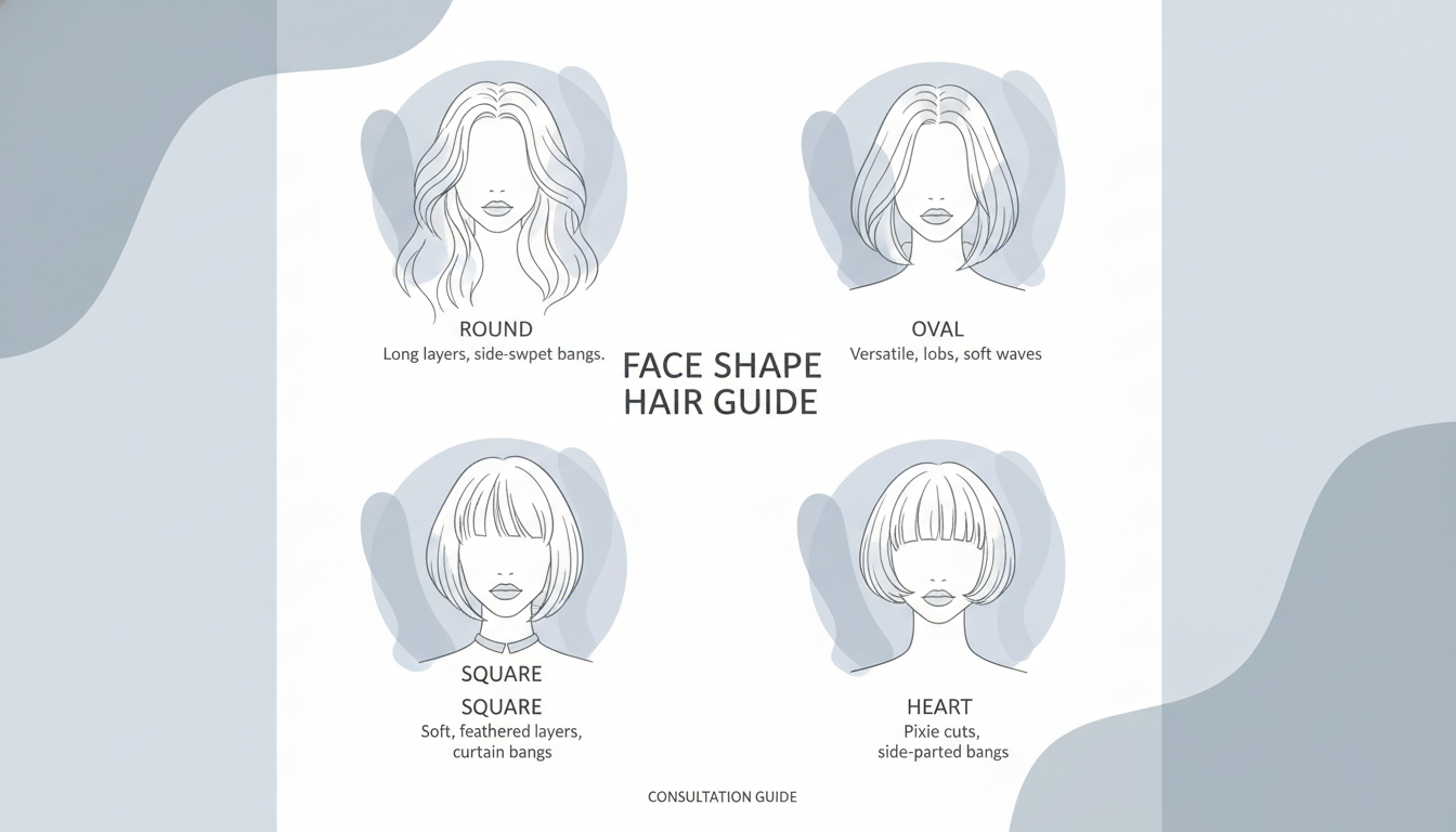 다양한 얼굴형에 맞춘 긴머리 레이어드 컷 시작 위치를 보여주는 헤어 컨설팅 일러스트 가이드