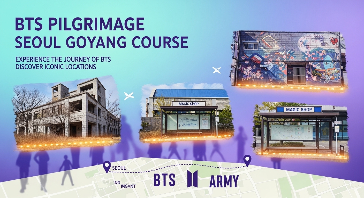 BTS 멤버들이 다녀간 서울 학동사거리와 고양시 주요 성지순례 장소를 콜라주한 고퀄리티 대표 이미지