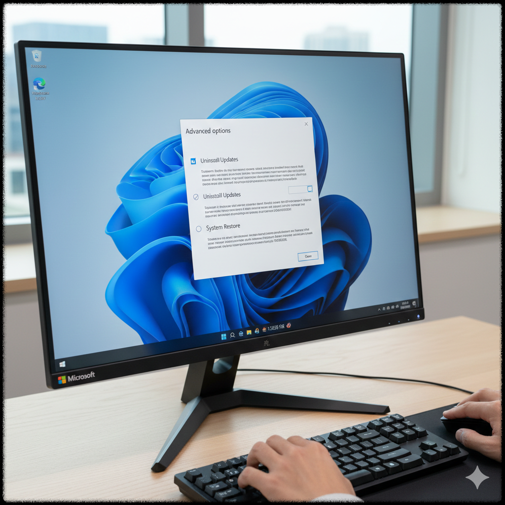 Windows 11에서 업데이트 충돌로 인해 시스템 복원 또는 업데이트 제거를 선택하는 모습