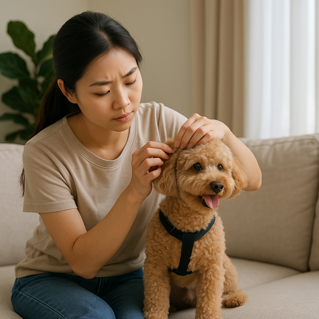여름철 해충 예방을 위해 산책 후 점검 중인 반려동물의 모습