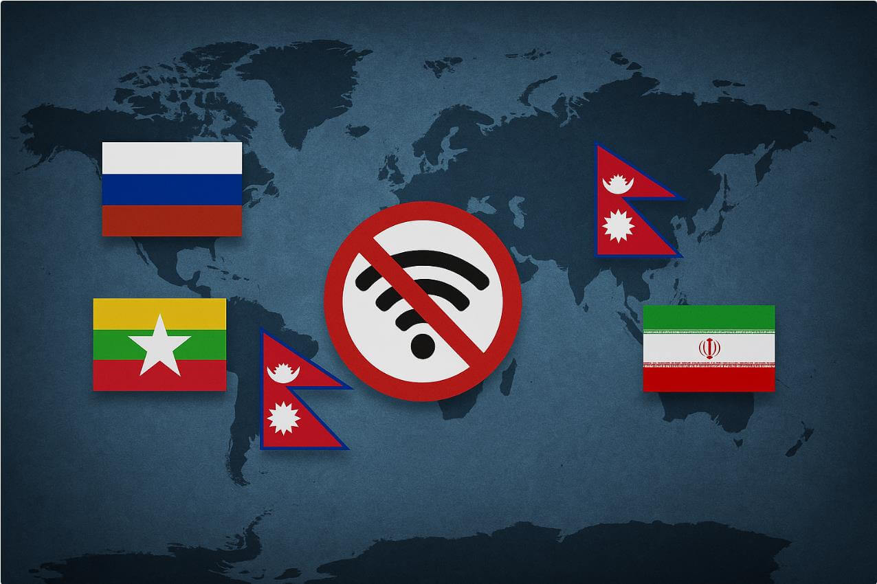 세계 지도 위에 네팔&middot;러시아&middot;미얀마&middot;이란 국기와 차단 아이콘