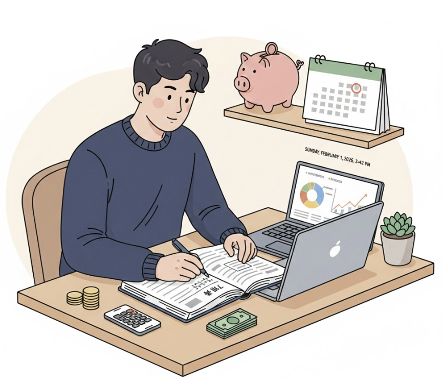 가계부작성, 자산관리하는 남성 이미지