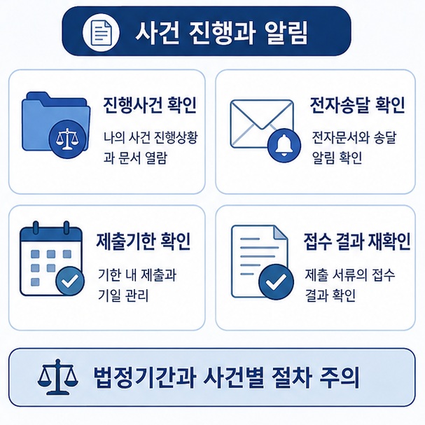 전자소송 포털에서 진행 중인 사건과 전자송달, 제출기한과 접수 결과를 확인해 중요한 법정기간을 관리하는 모습을 보여 주는 그림