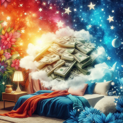 "침대 위에 돈이 쌓여 있는 꿈을 꾸고 있는 사람의 이미지입니다."