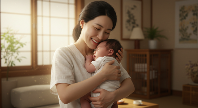 건강한 아기를 품에 안고 미소 짓는 엄마 모습