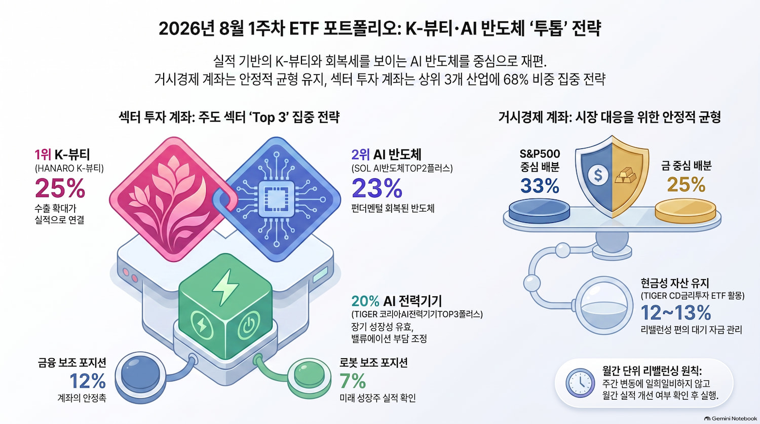 K-뷰티·AI 반도체 투톱, 전력기기는 3순위로|2026년 8월 1주차 ETF 추천 조합