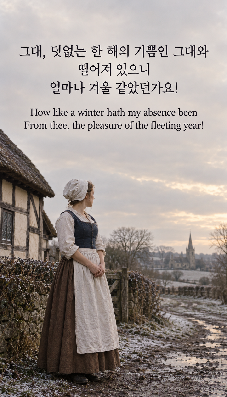 그대 없는 계절: 그대, 덧없는 한 해의 기쁨인 그대와 떨어져 있으니 얼마나 겨울 같았던가요! 아날로그 필름, 푸른 몸통옷과 흰 앞치마, 리넨 모자를 입고 겨울 길에 선 여성.