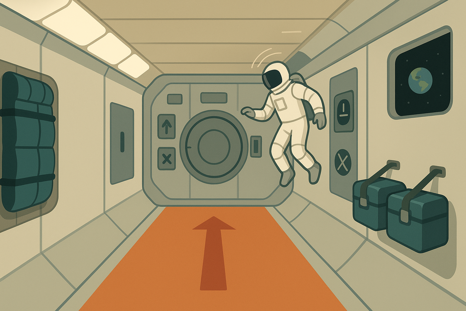 우주 환경에서 생기는 방향감각 혼란과 시각적 기준 설계(우주선 내부 표식 예시)를 단순화해 표현한 이미지