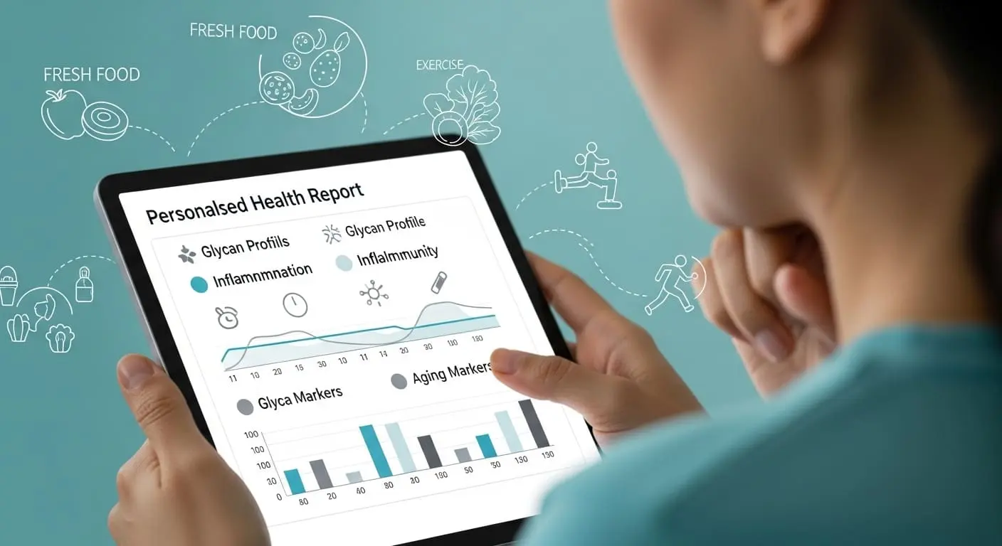 개인화된 글리칸 분석 리포트를 태블릿으로 확인하며 자신의 건강 상태를 이해하고 관리 계획을 세우는 사람의 모습. 리포트에는 염증, 면역, 노화 관련 글리칸 지표가 그래프로 표시되어 있다.