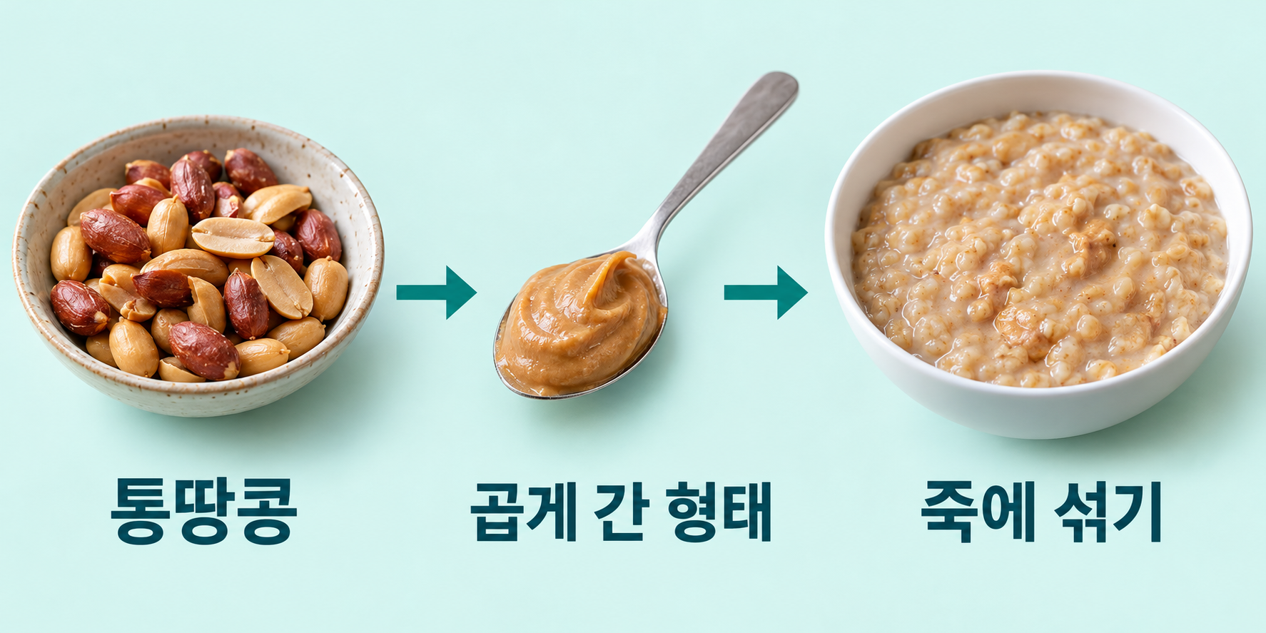 볶은 땅콩: 통째 &mdash; 단단한 땅콩 조각; 볶은 땅콩: 형태 변경 &mdash; 곱게 간 형태를 죽에 섞기; 볶은 땅콩: 적용 조건 &mdash; 땅콩 알레르기가 없는 사람