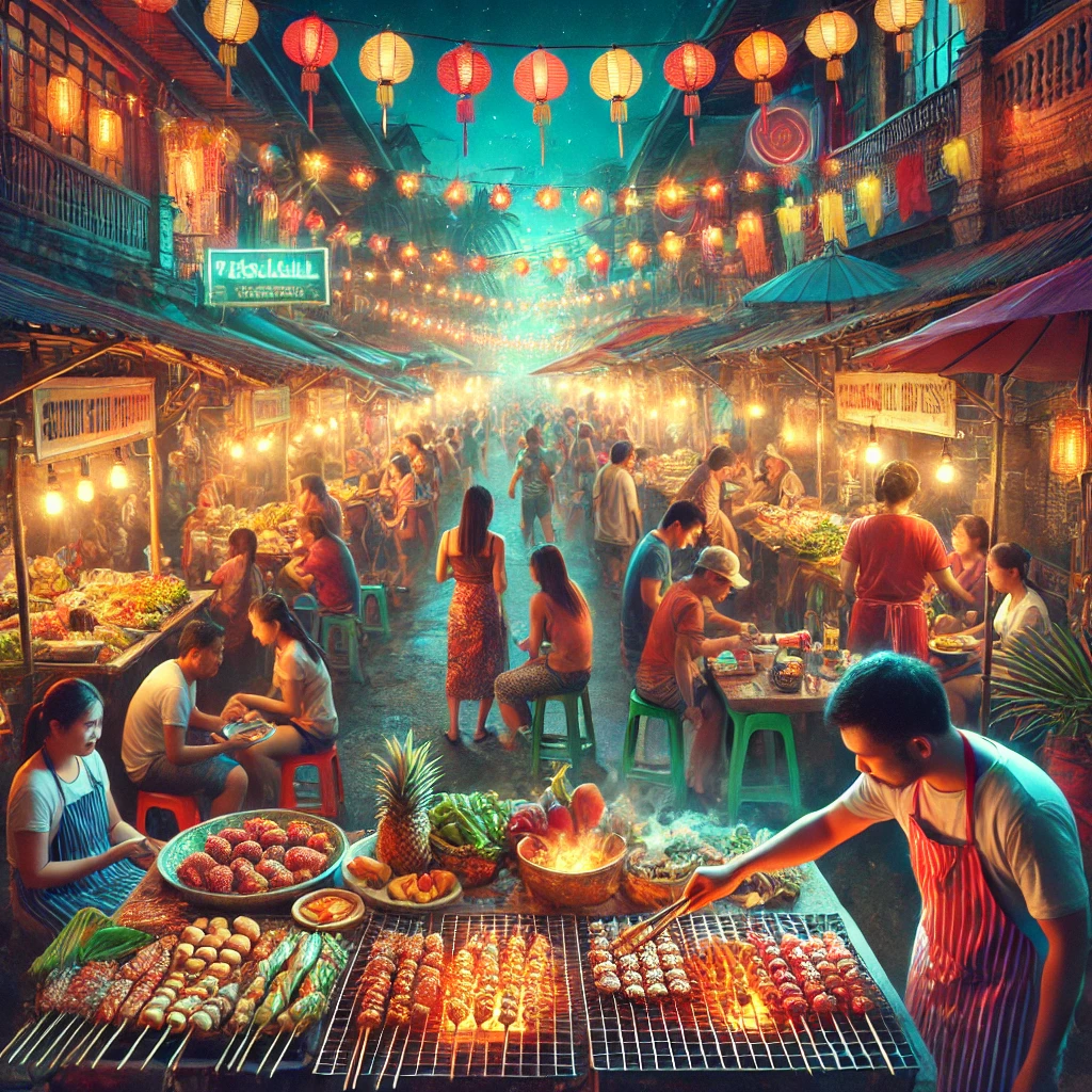 세부 야시장의 화려한 불빛과 다양한 길거리 음식을 즐기는 사람들, 현지 분위기가 물씬 풍기는 시장 풍경
