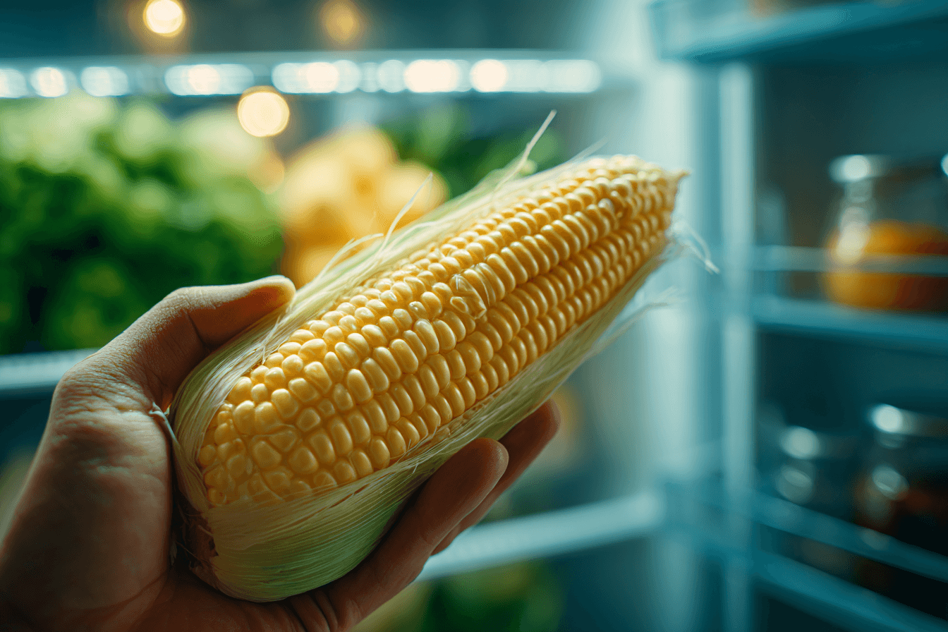 냉장고-앞에서-옥수수를-들고-있는-이미지