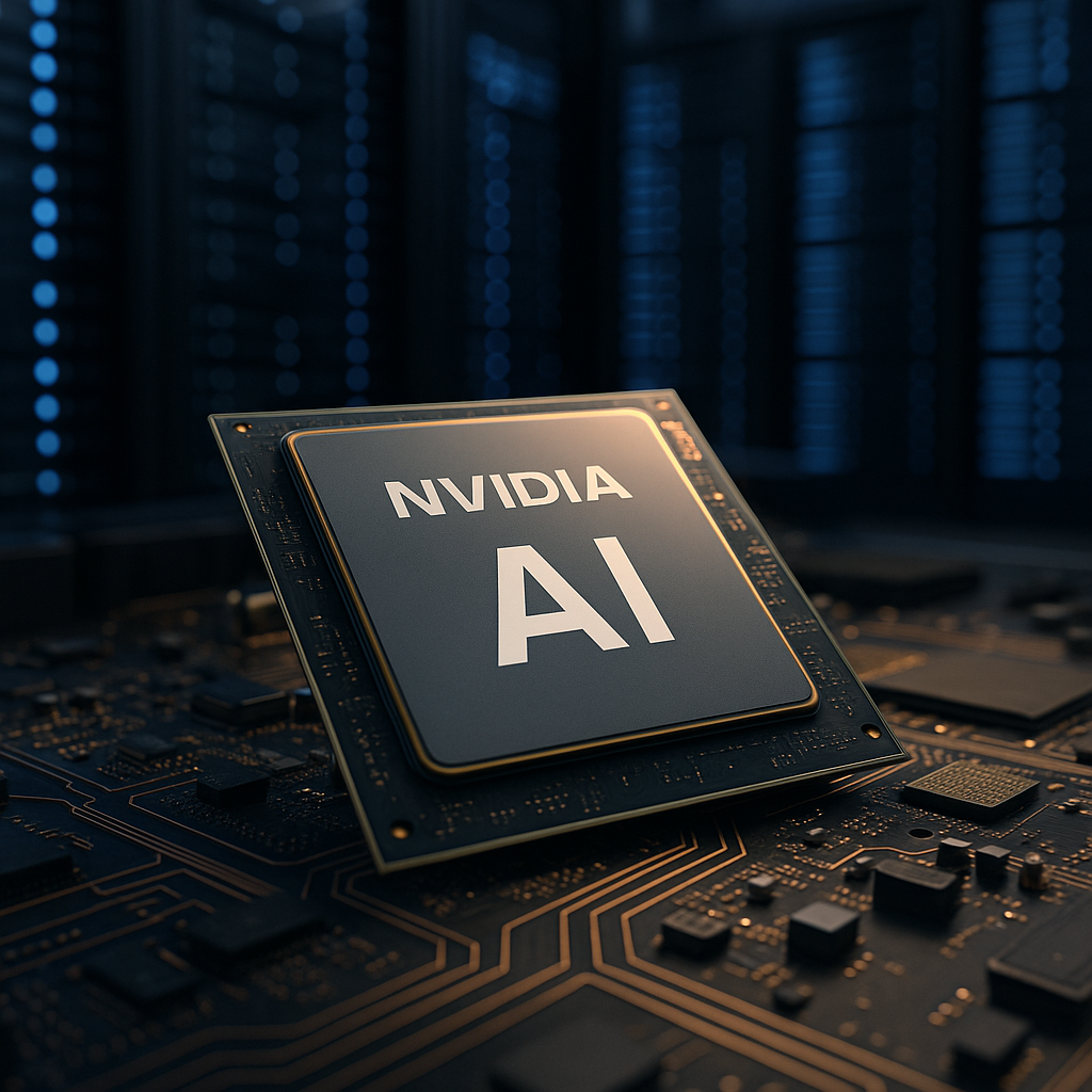 엔비디아 데이터센터 AI 반도체 칩과 서버룸을 표현한 미래지향적 이미지
