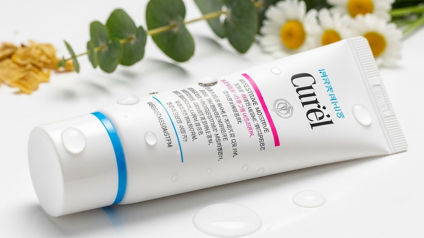 깨끗하고 밝은 흰색 배경에 성분 목록이 선명하게 보이고 미적으로 배열된 큐렐 인텐시브 모이스처 크림 튜브의 고품질 스튜디오 샷입니다.