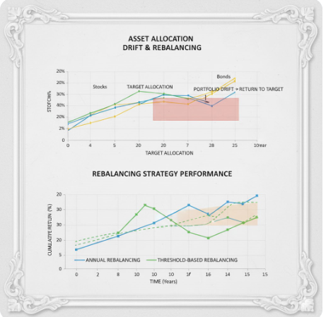 연 1회 리밸런싱과 임계치 기반 리밸런싱의 수익률 차이를 보여주는 비교 그래프