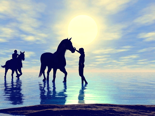 바닷가에서 한 명이 말을 타고 한 명은 땅에 서서 말의 얼굴을 어루만진다.