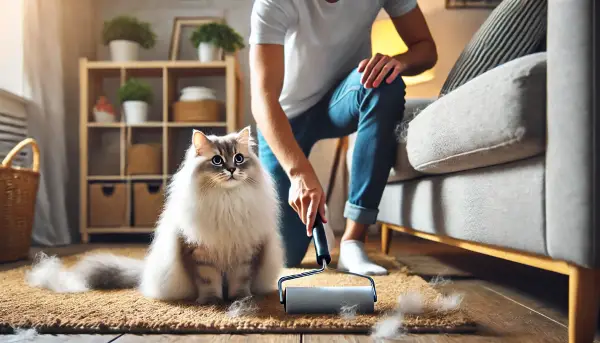 소파에서 고양이 털을 제거하는 사람과 옆에서 지켜보는 고양이