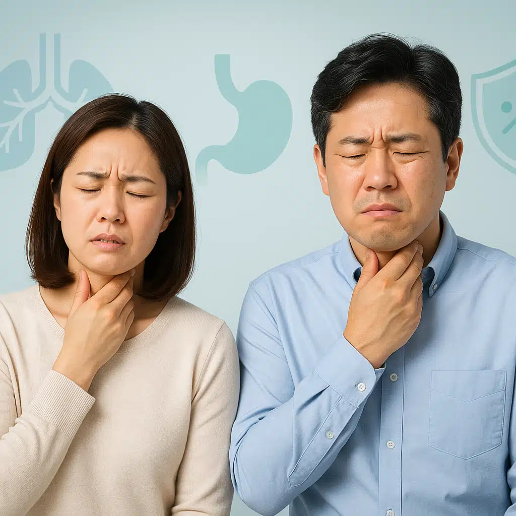 목이 따끔거려 불편한 표정의 남녀, 목 부위를 손으로 잡고 있는 모습, 배경에 호흡기&middot;소화기&middot;면역 관련 아이콘이 반투명하게 배치