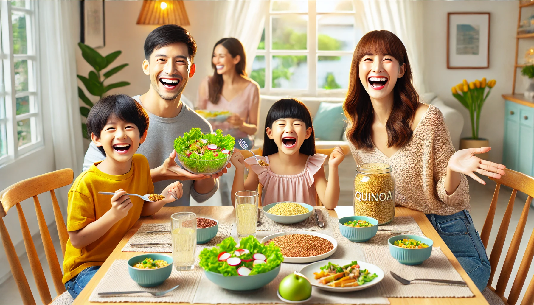 퀴노아 요리를 즐기는 건강한 분위기의 가족