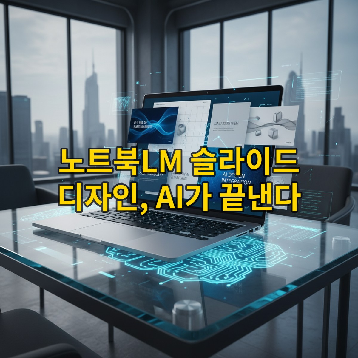 AI가 자동으로 슬라이드 디자인 테마를 생성하여 발표 준비를 돕는 노트북LM과 제미나이 젬의 혁신적인 모습을 표현한 이미지