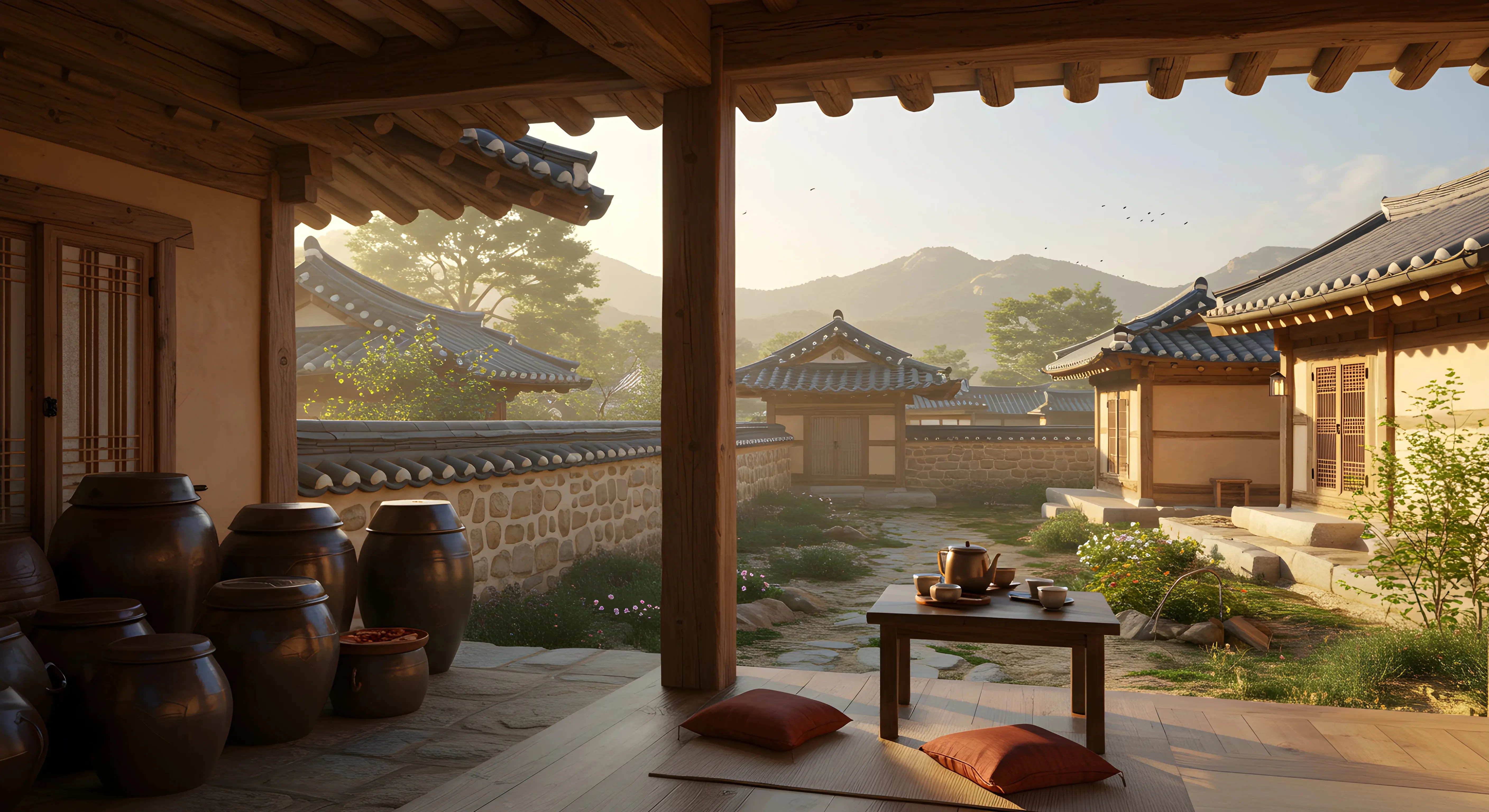 한옥 대청마루에서 바라본 고즈넉한 풍경. 마루 왼쪽에는 된장, 고추장 등을 담그는 전통 장독들이 놓여 있고, 정면으로는 마당과 기와지붕, 그리고 멀리 산이 보이는 평화로운 모습.