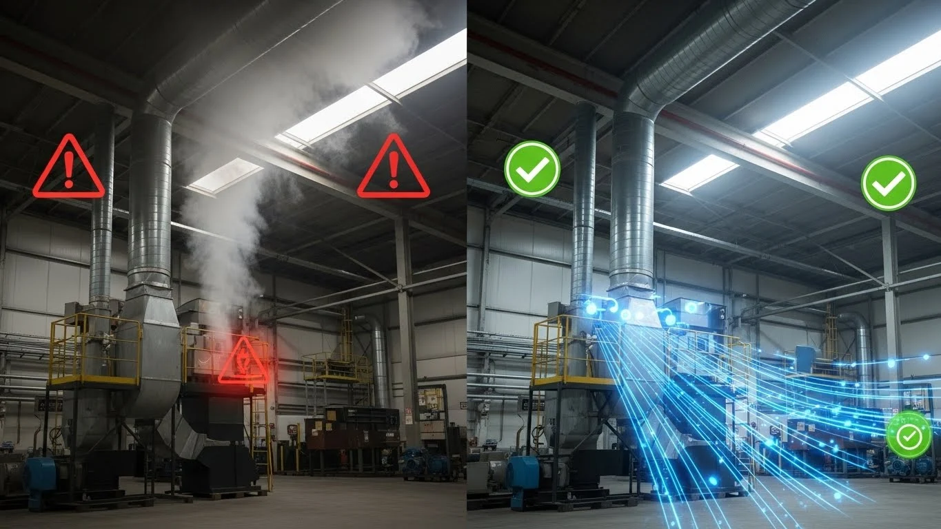 국소배기장치 설계 오류로 인한 법적 리스크와 올바른 시스템 구축 후의 안전 규정 준수 상태를 시각적으로 대비한 이미지. 경영진의 리스크 관리 의사결정을 상징함.