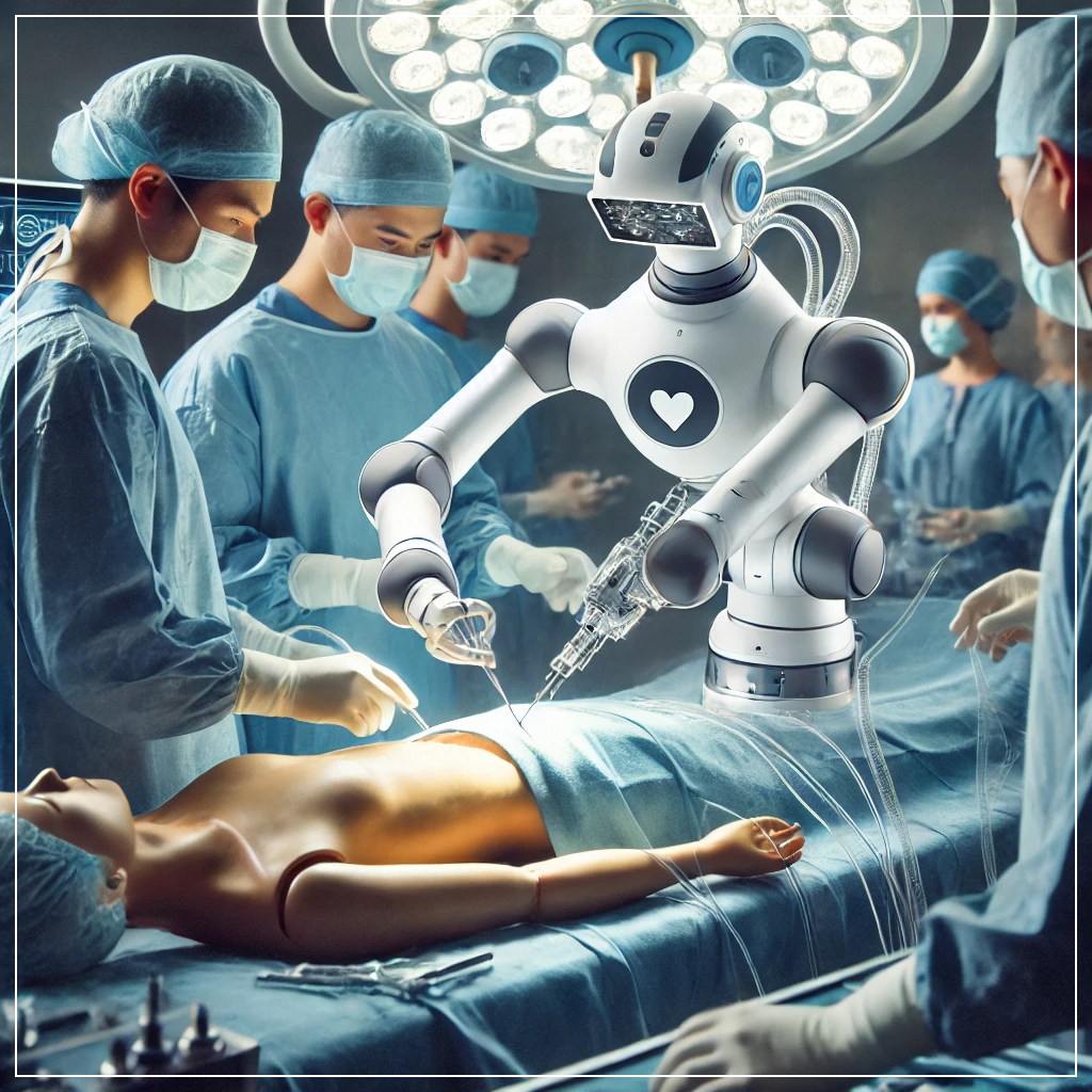 수술실에서 고도의 정밀한 의료 절차를 지원하는 수술용 로봇.