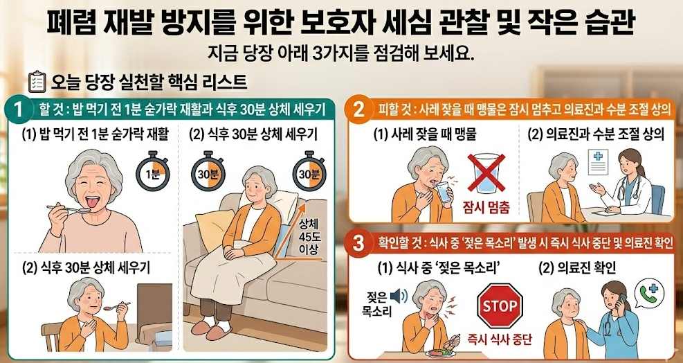 폐렴 재발 방지를 위한 보호자 핵심 체크리스트 할 것 피할 것 확인할 것 요약 이미지