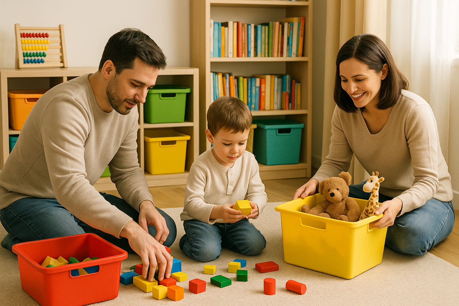 아이와 장난감을 같이 정리하는 부부 사진