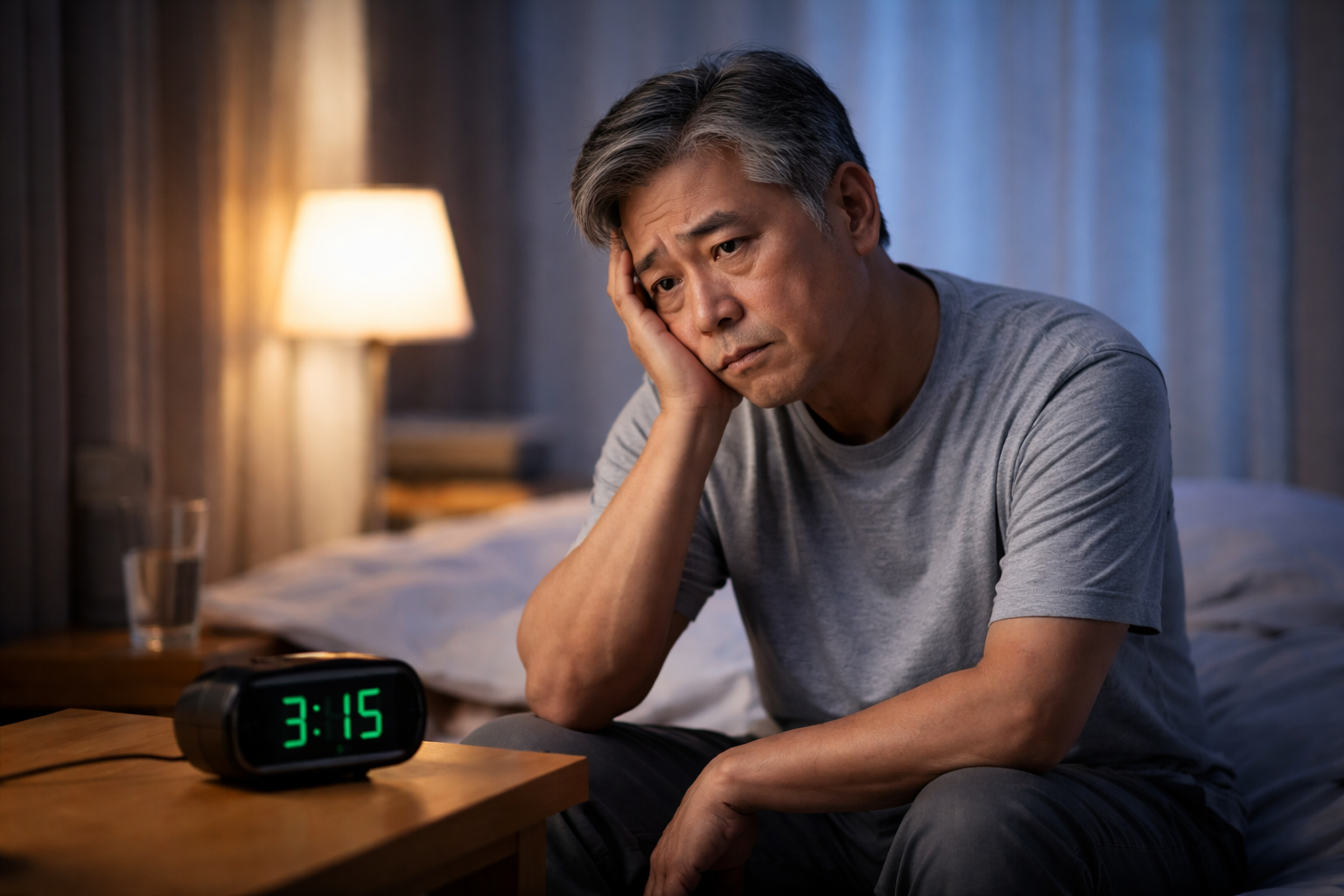 수면상담 고민 중인 60대 남성 불면으로 잠 못 이루는 모습