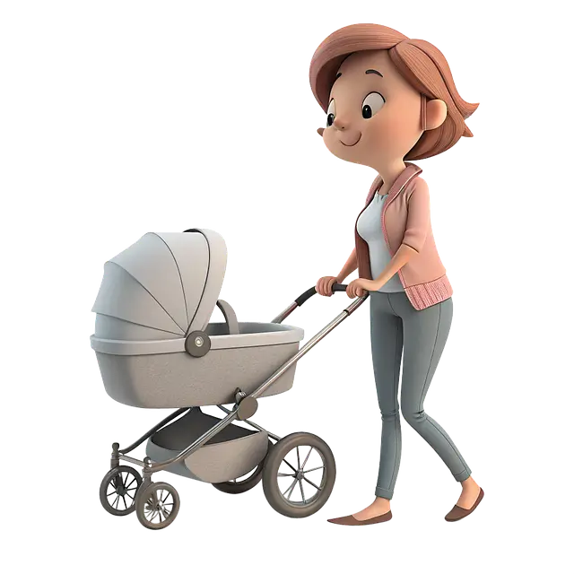 엄마가 아기의 유모차를 끌고 있다.