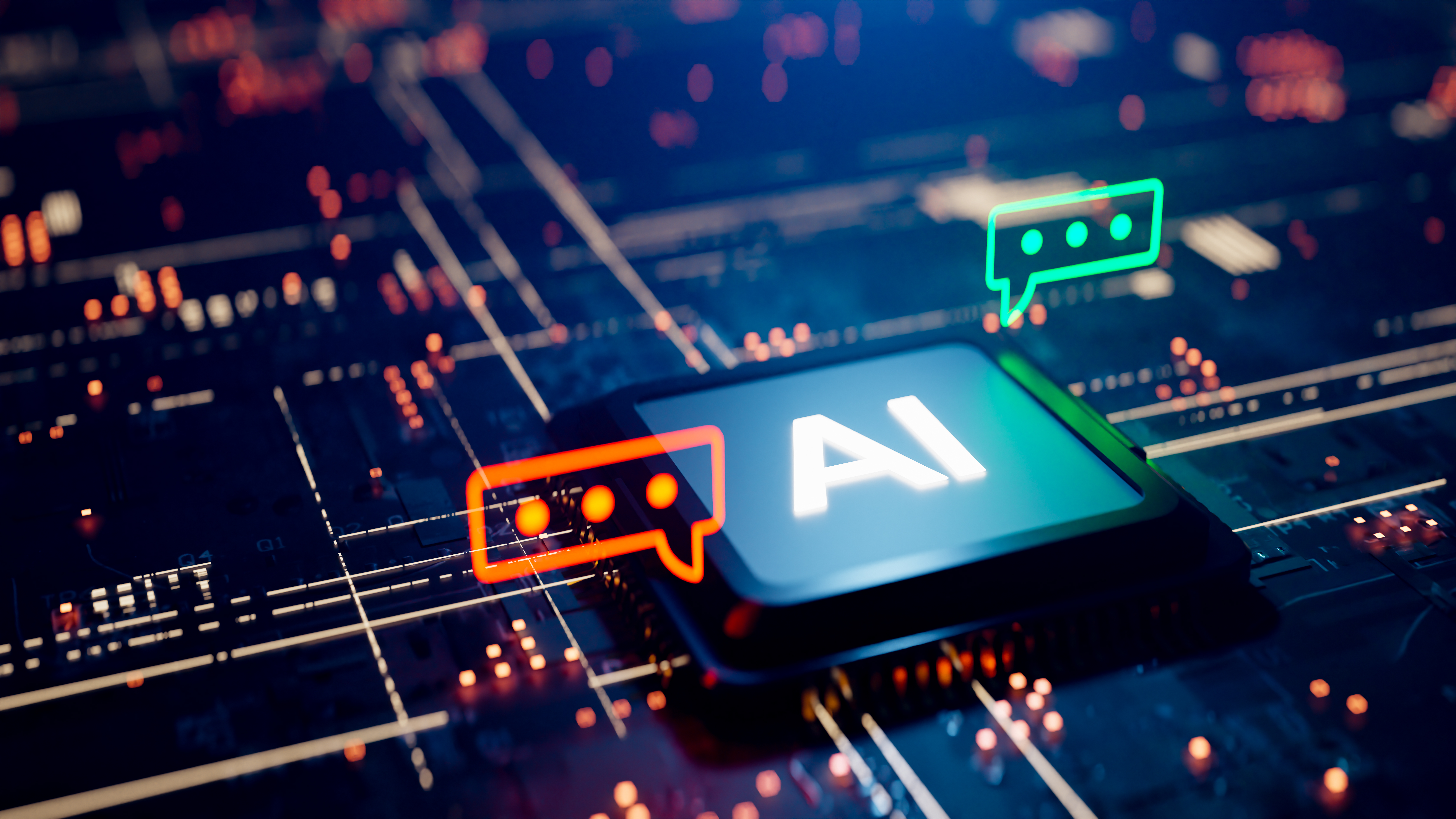 AI 마이크로칩과 디지털 배경에 대화창 아이콘이 떠 있는 인공지능 개념 이미지