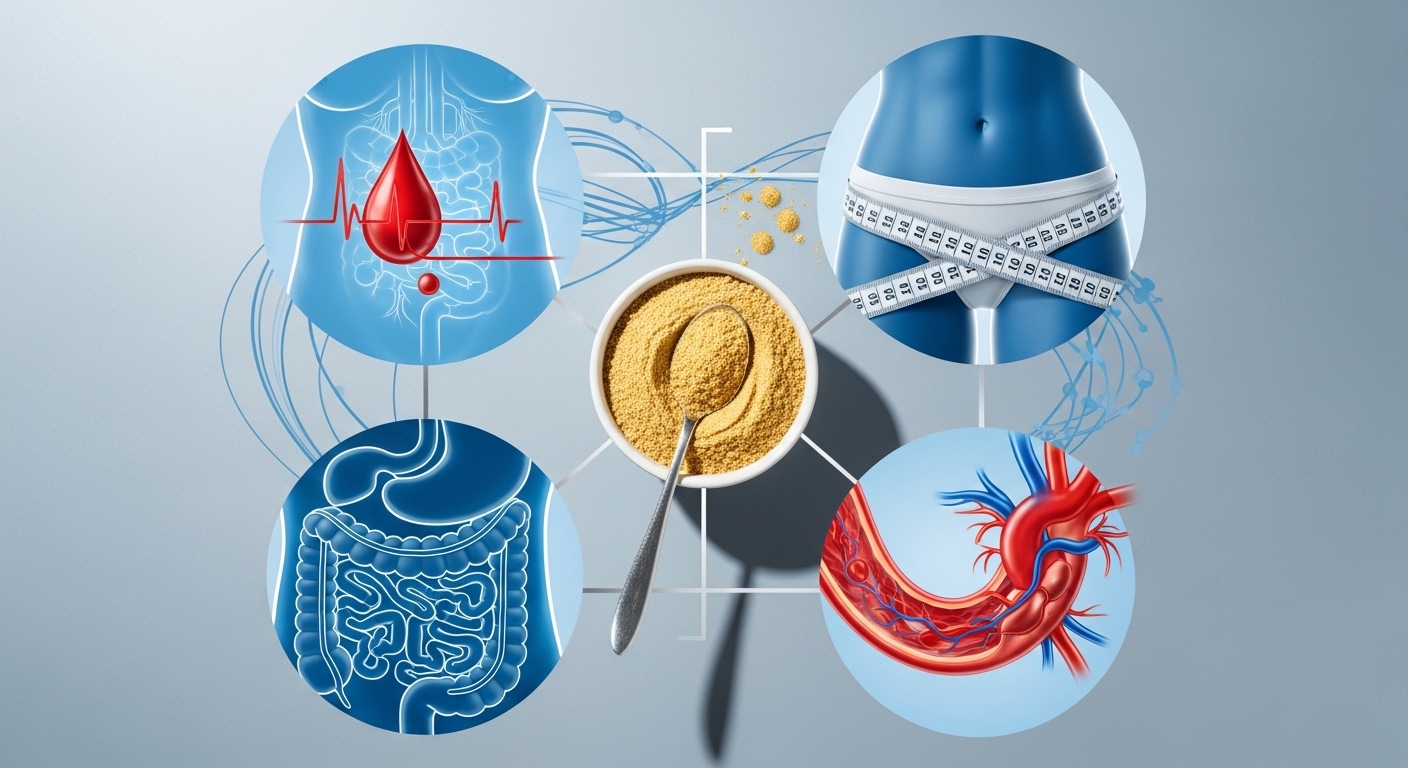 다양한 차전자피 효능을 시각적으로 나타낸 이미지. 중앙에는 차전자피 가루가 담긴 그릇이 있고, 주변에 장 건강, 체중 감량, 혈당 조절, 콜레스테롤 감소 등 차전자피의 주요 건강 효과를 상징하는 요소들이 배열되어 있습니다.