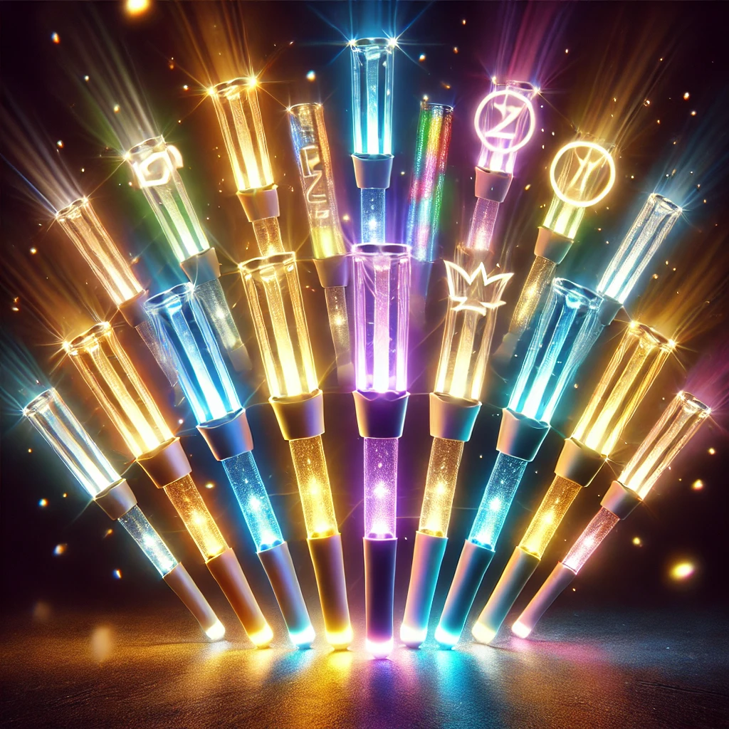 다양한 색상과 디자인의 LED 응원봉이 어두운 환경에서 빛나는 모습&amp;#44; 팬덤의 다양성과 연합을 상징.