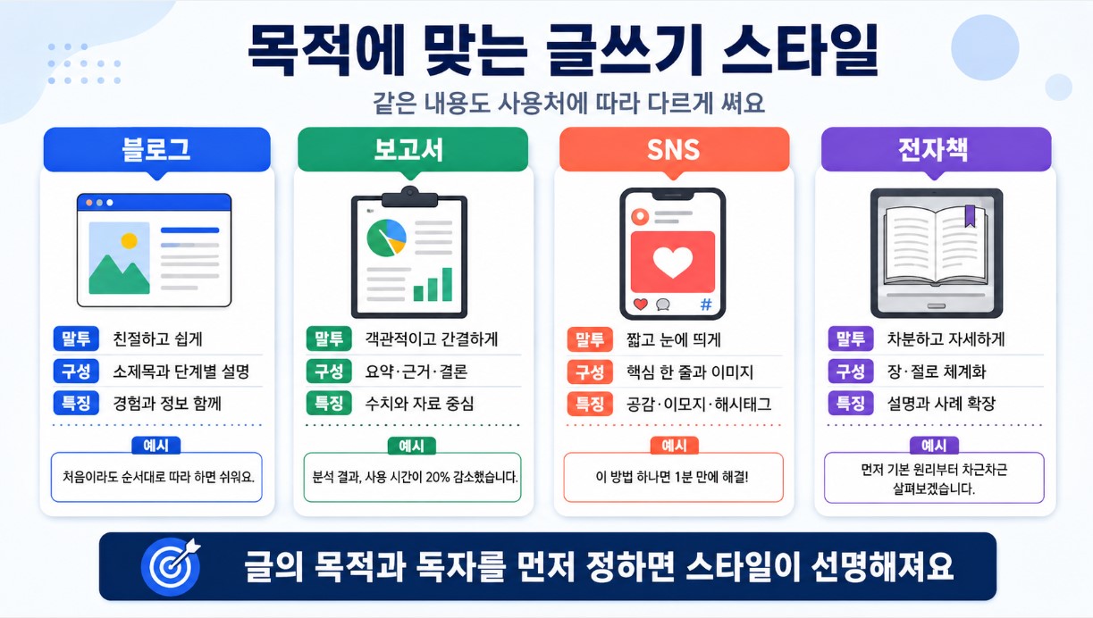 목적별 글쓰기 스타일 한눈에 비교