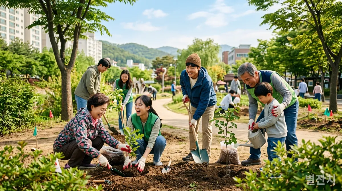 다양한 한국인들이 협력하여 지역 사회 프로젝트에 참여하는 모습
