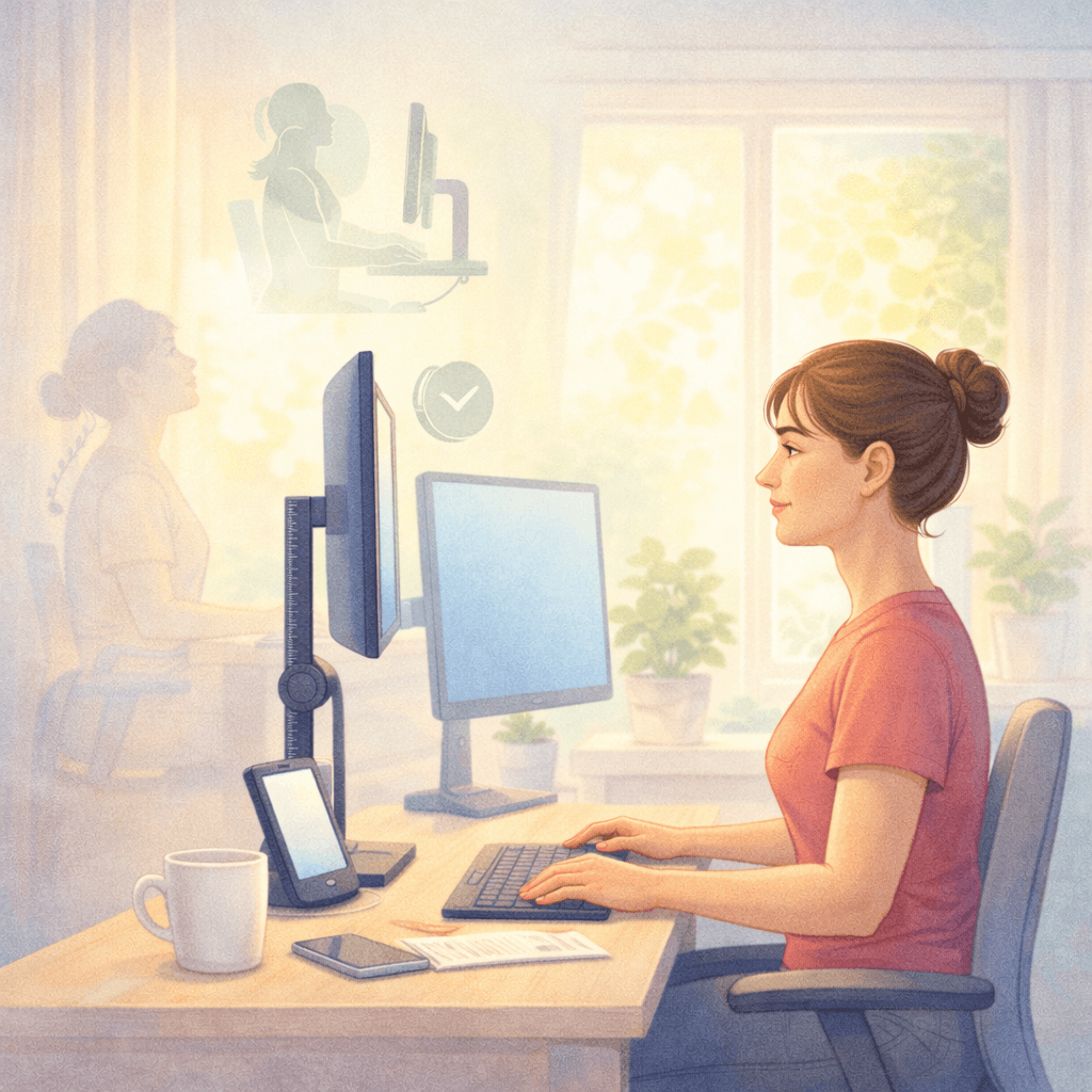 컴퓨터 모니터 높이와 목/어깨 통증 관련 이미지