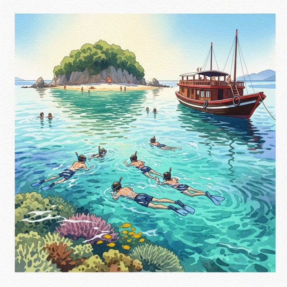 아름다운 섬 주변에서 스노클링을 즐기는 호핑투어