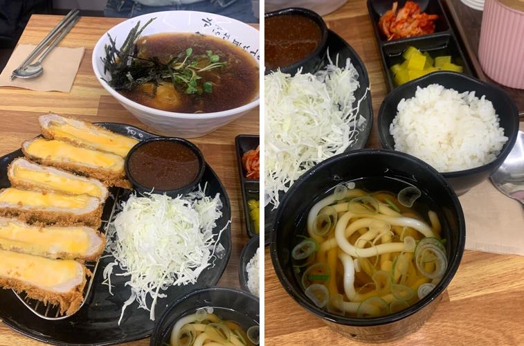 치즈돈가스와 냉메밀, 밥과 우동