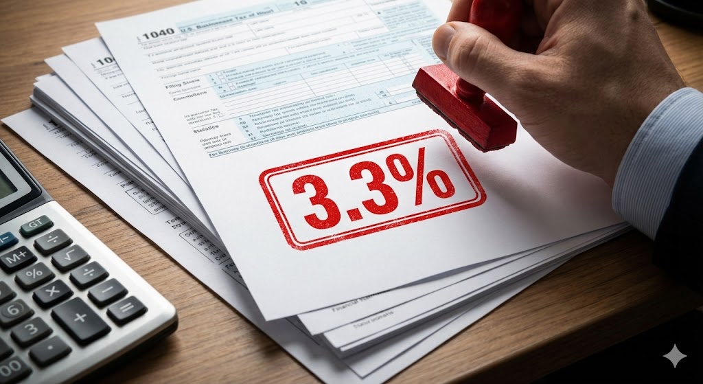 복잡한 세금 고지서 옆에 '3.3%'라는 숫자가 적힌 빨간 도장이 찍혀 있는 모습