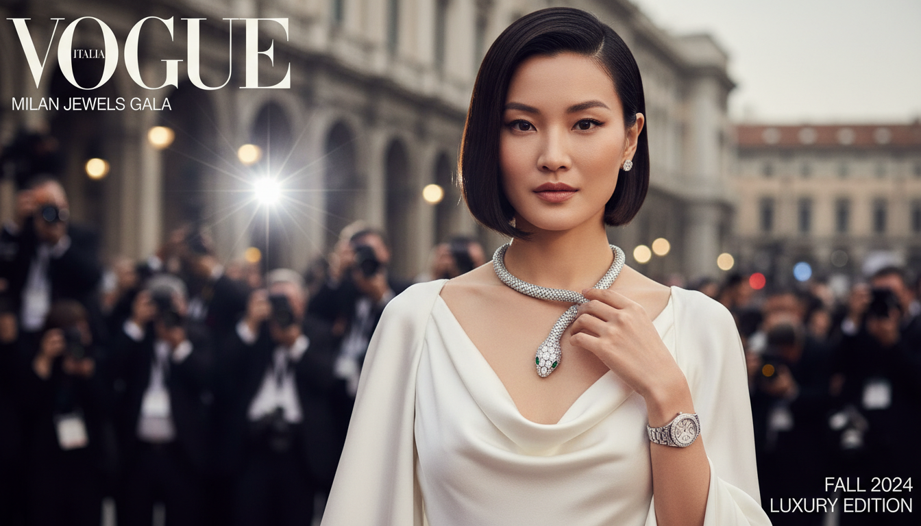 밀라노 불가리 행사에서 시크한 단발머리와 화려한 세르펜티 주얼리를 뽐내는 김지원의 럭셔리한 룩