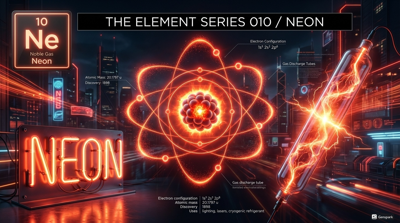 A high-end scientific visual for Neon (Ne) in 'The Element Series' style. Top: black horizontal bar with white text 'THE ELEMENT SERIES 010 / NEON'. Top left: square periodic table tile showing '10', 'Ne', 'Noble Gas', 'Neon'. Center: glowing 3D atomic model of Neon with orbiting electrons and nucleus with bright orange-red glow. Left side: glowing red neon sign displaying the word 'NEON' in classic neon tube lettering with vibrant red-orange light. Right side: high-voltage gas discharge tube showing bright orange-red plasma light with electrical glow effect. Background: dark urban night scene with neon lights, red and orange light accents creating atmospheric glow. High-tech aesthetic with luminous energy theme. Professional educational visualization with modern scientific poster design.