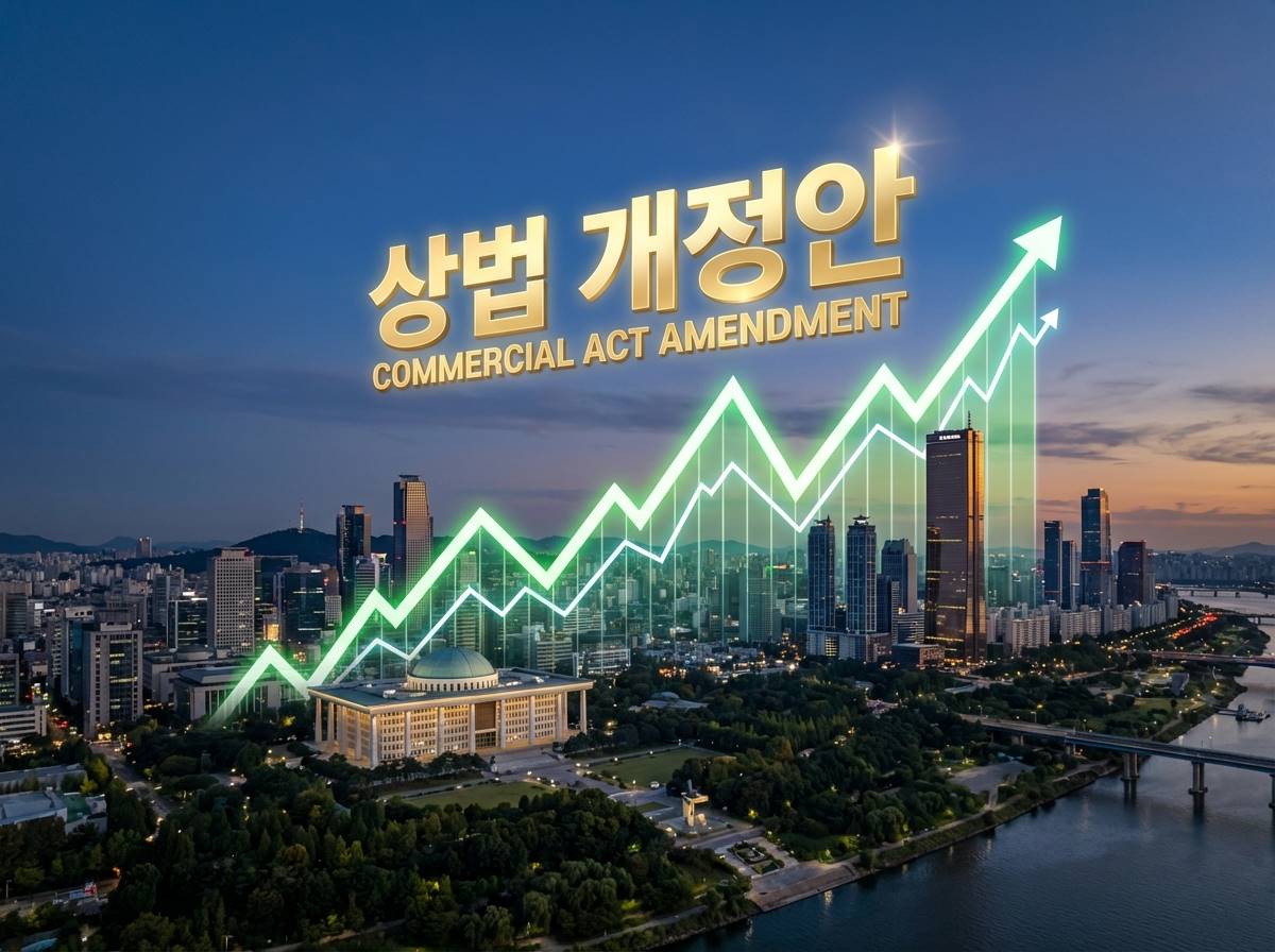 현대적인 여의도 증권가 빌딩 숲 위로 거대한 주식 차트가 우상향하며 '상법 개정'이라는 문구가 황금빛으로 빛나는 모습